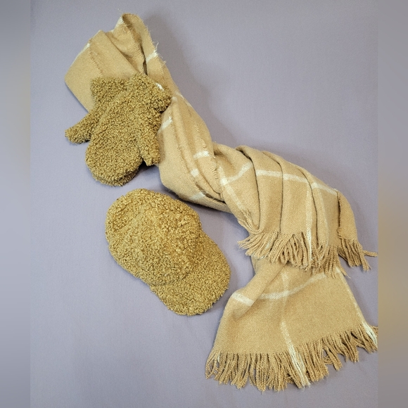 Love & Lore Cozy Tan Scarf With Teddy Bear Core Style Brown Hat and Mittens Set - Picture 11 of 16